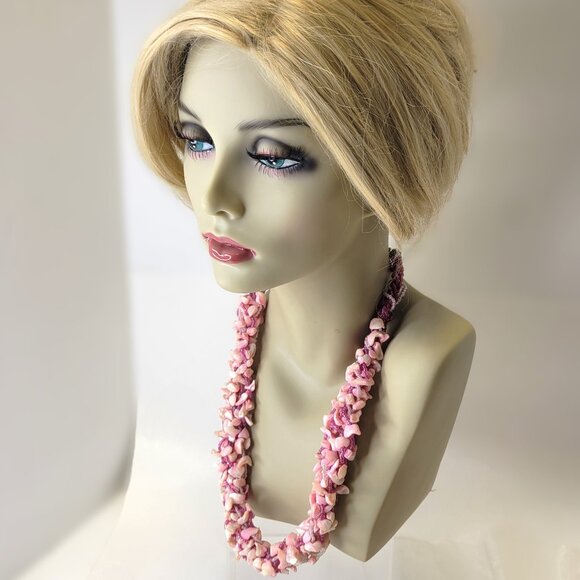 Chunky Pink Shell Chips and Pink Beads Bib Necklace - Picture 2 of 12